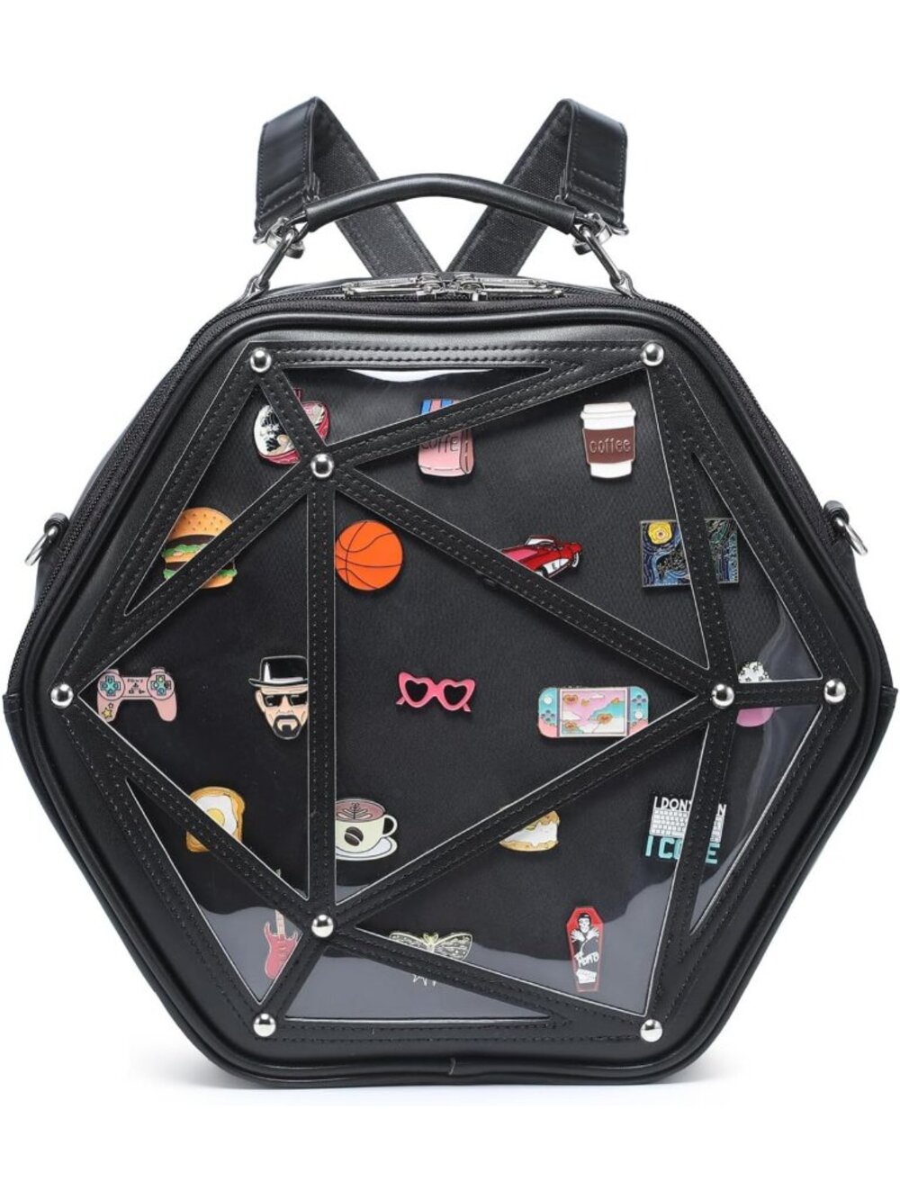 Stylish Hexagonal PU Backpack & Clear Pin Window Crossbody Purse for Anime